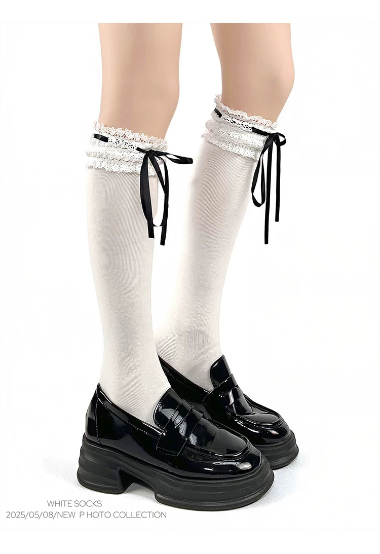White Socks - Ribbon Ballet - Lace-Trim Slouch Socks with Ribbon Ties