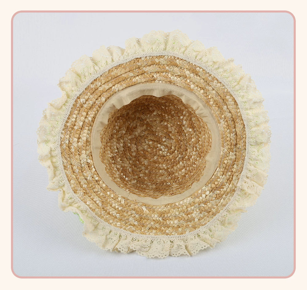Stardust Rose straw hat with woven texture and cream lace edging
