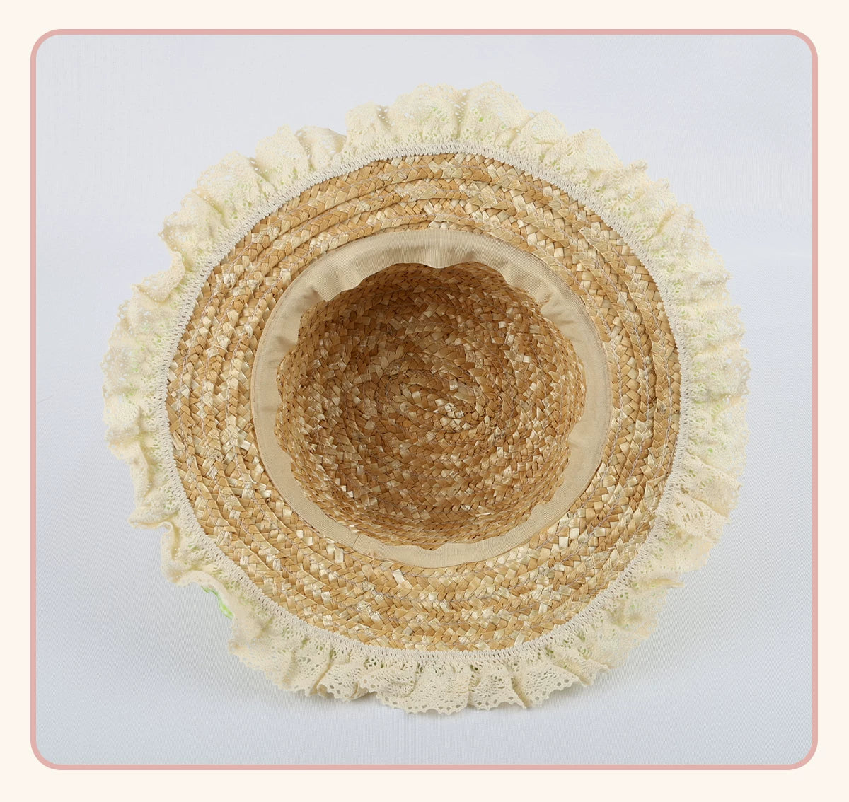 Stardust Rose straw hat with woven texture and cream lace edging
