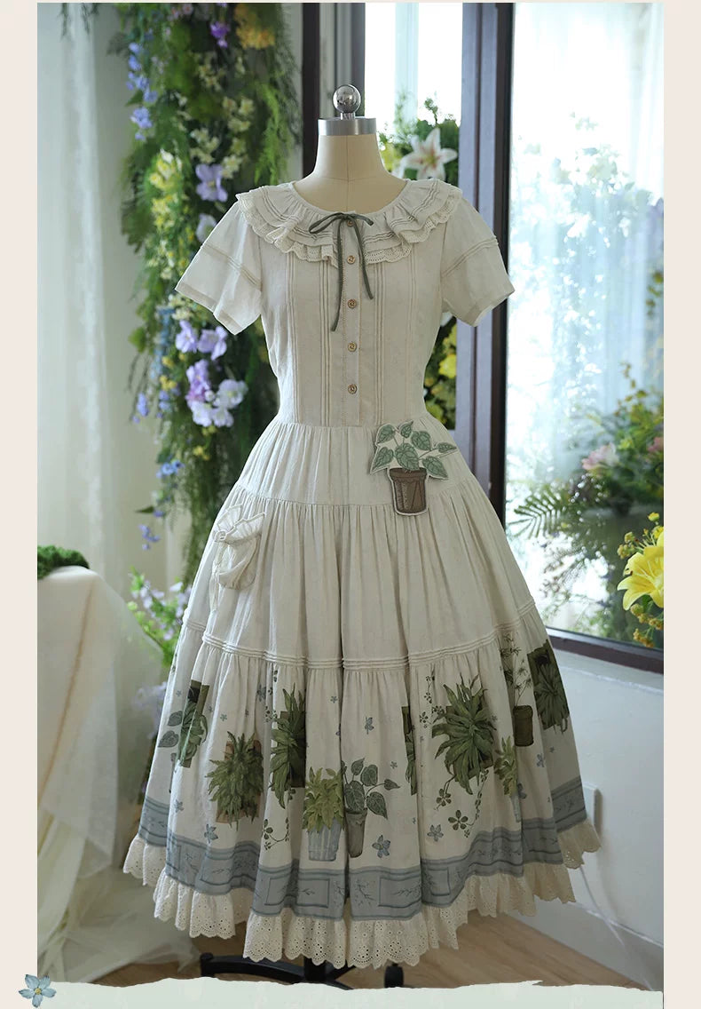 Baozi Pig - Small Potted Plant - Cotton OP dress or SK skirt with a botanical potted-plant print