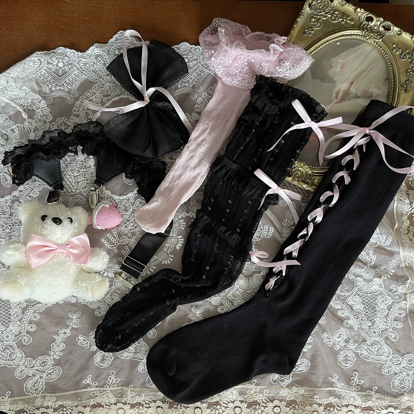 Sock Noble - Strawberry Bear - Lace-Trimmed Lolita Socks