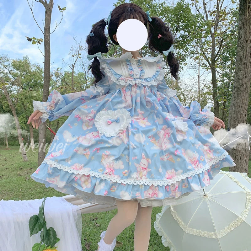 Lady Han Sweet Bunny Lolita Fetch dress featuring soft pastel colors, adorable bunny print, and a sweet, feminine design.