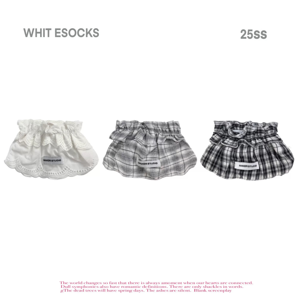 White lace frilled plaid Lolita stack sock with ruffled cuff