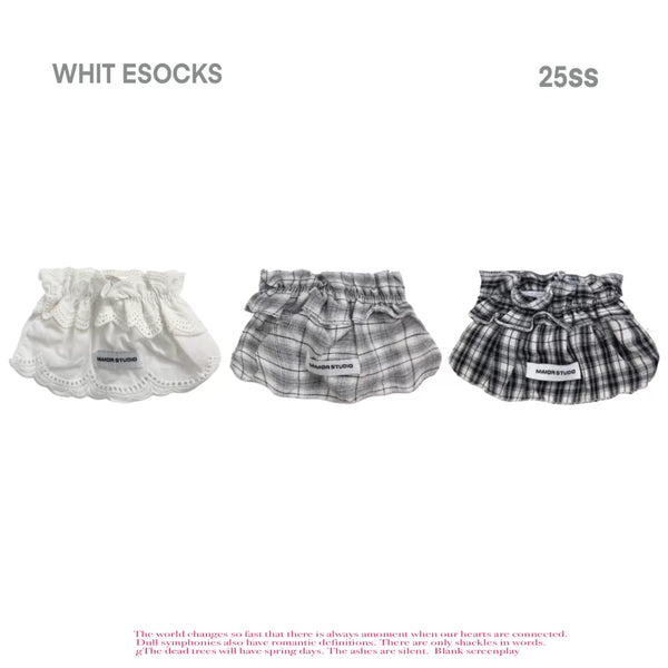 White lace frilled plaid Lolita stack sock with ruffled cuff