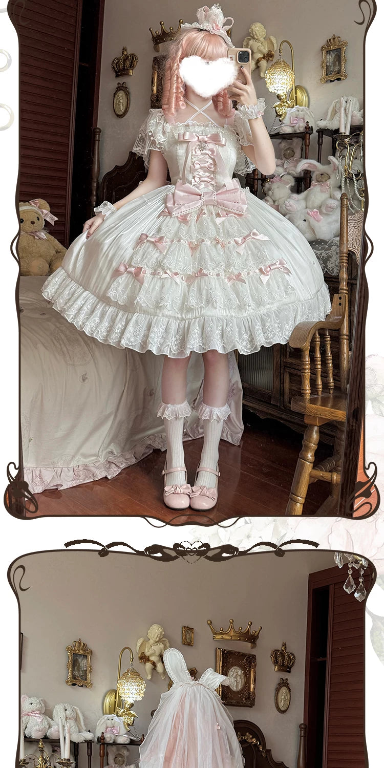 Moon Lily - Love Snow - White-and-Pink or Pure-White JSK with Layered Lace and Bows
