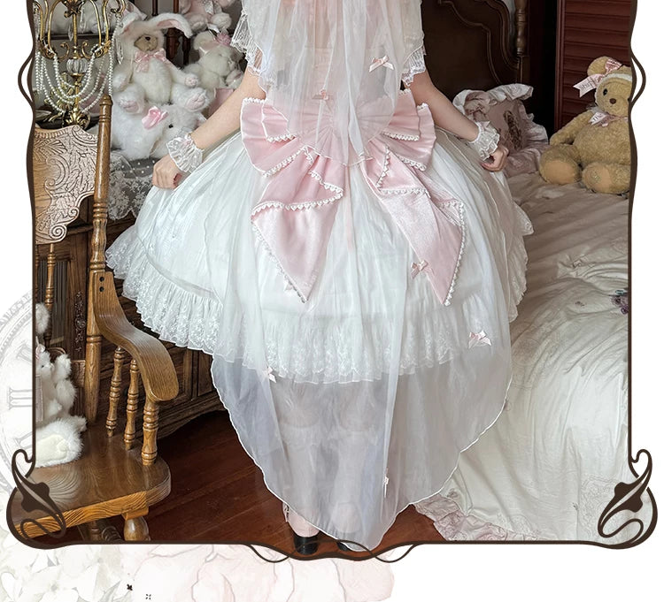 Moon Lily - Love Snow - White-and-Pink or Pure-White JSK with Layered Lace and Bows