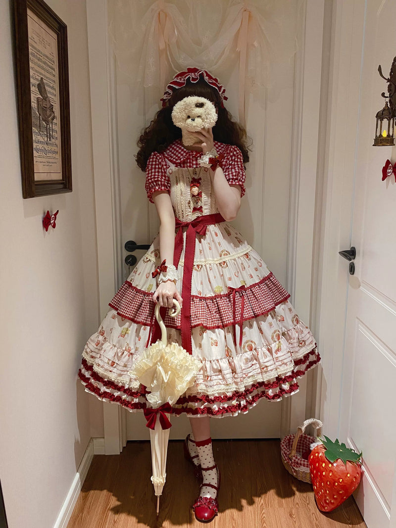 White Tea Story - Strawberry Print Tiered Classical Lolita - Longline