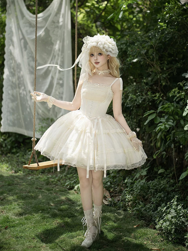 With PUJI - Confession Poem - Classic Lolita Corset JSK Set, Lace & Bows detail view 4