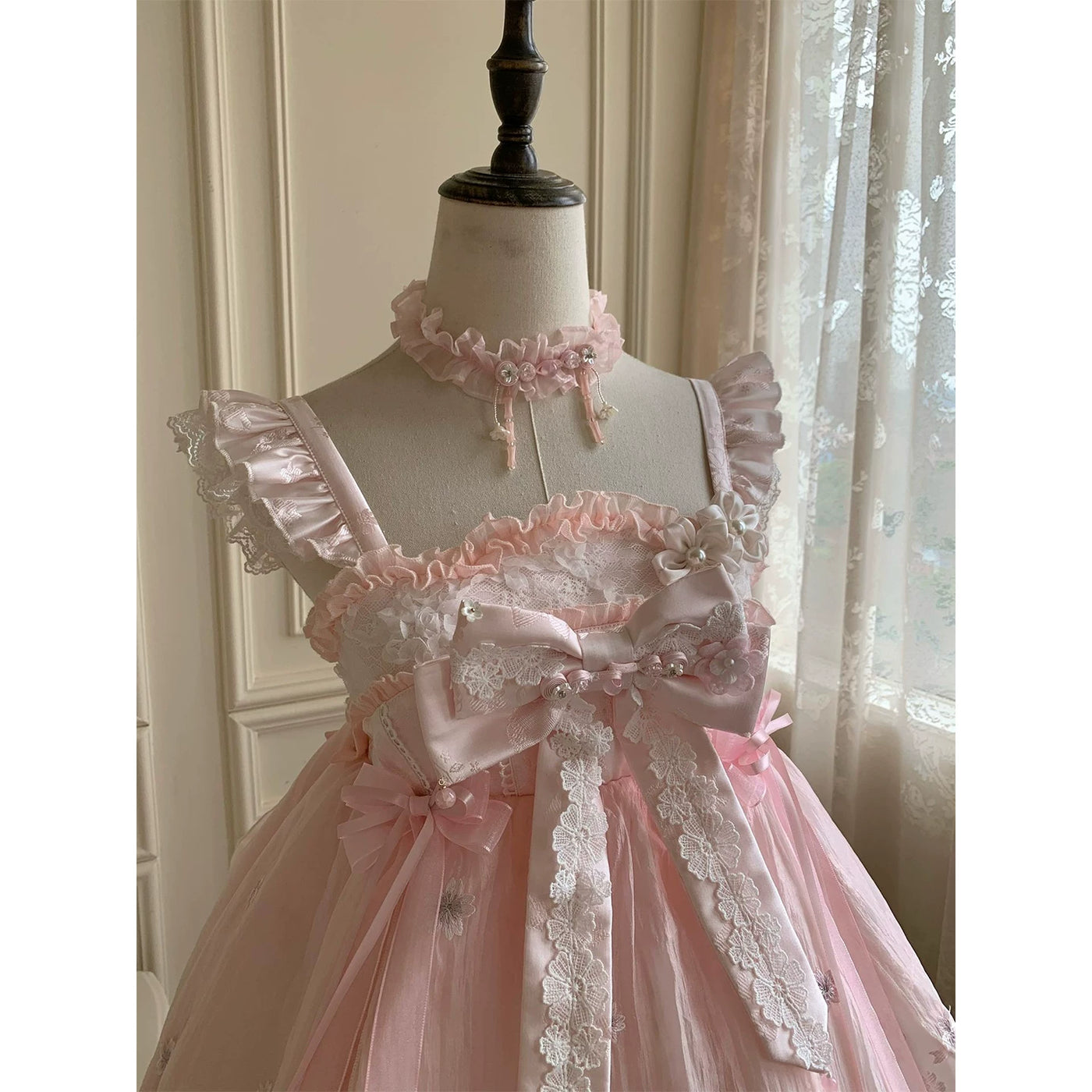 Creamy - Cherry Blossom Sweet - Pink High-Waisted JSK Dress with Floral Lace
