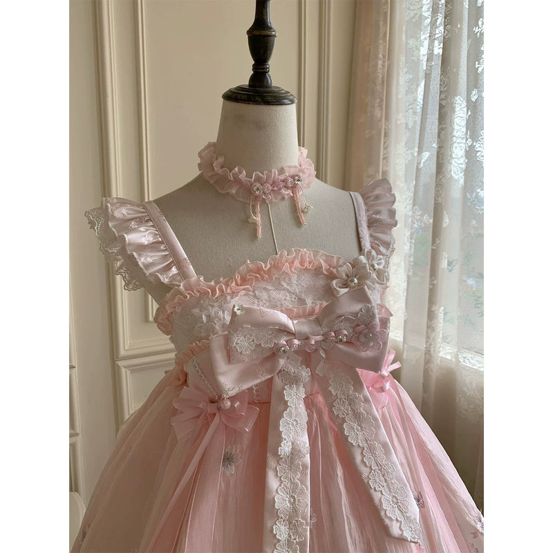 Creamy - Cherry Blossom Sweet - Pink High-Waisted JSK Dress with Floral Lace