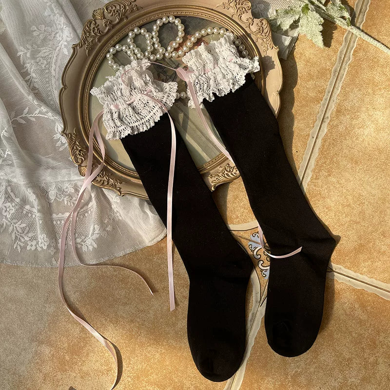 Sock Noble - Ribbon Lace - Thigh-High Socks with Ruffled Lace Cuffs