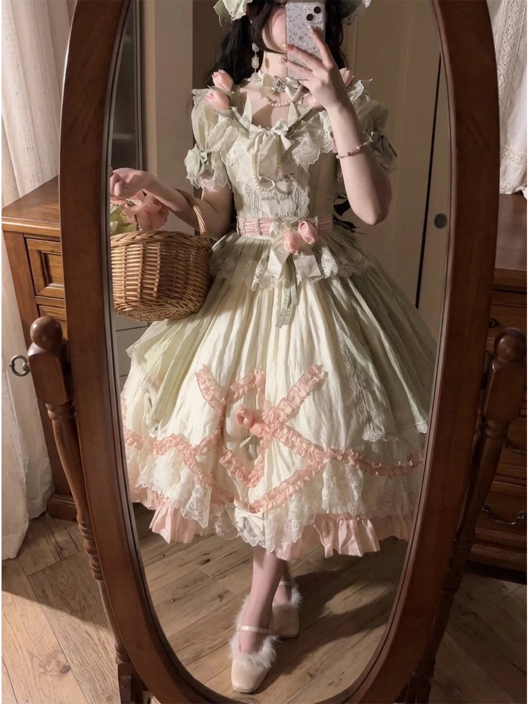 Green-pink short-sleeve garden-style Lolita dress set with floral accents