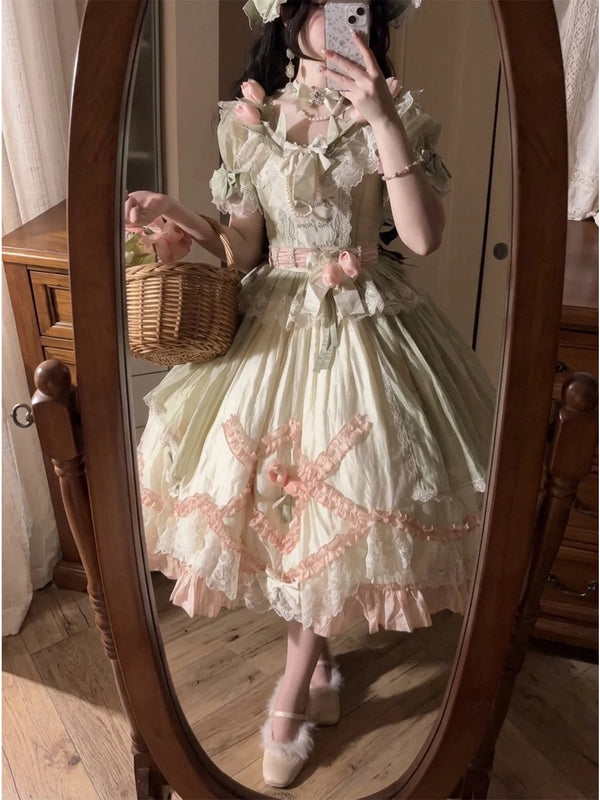 Green-pink short-sleeve garden-style Lolita dress set with floral accents