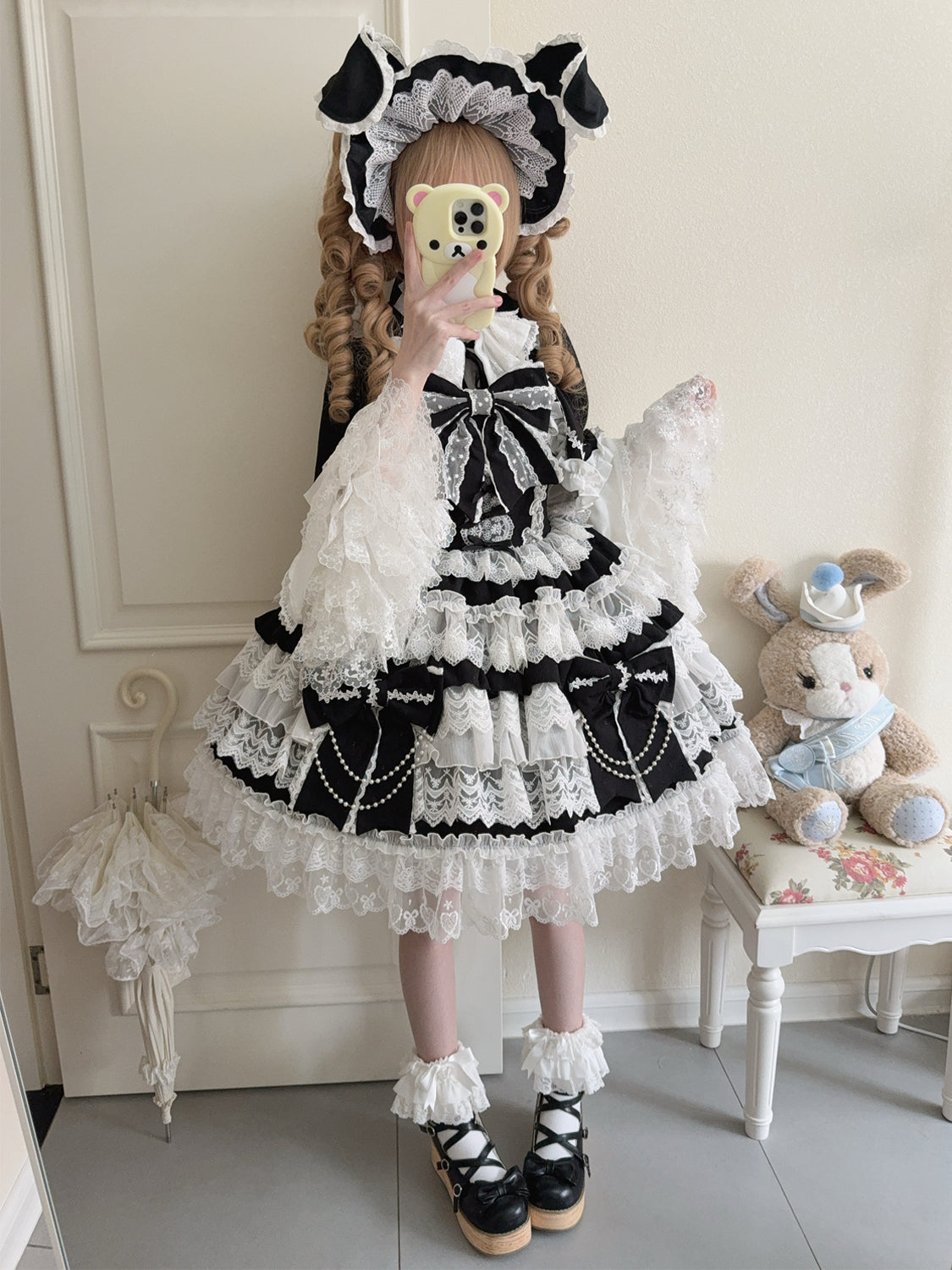Hanguliang - Cross Heart Knot - Sweet Lolita JSK Suit Tiered Ruffles Dress, Lace Blouse
