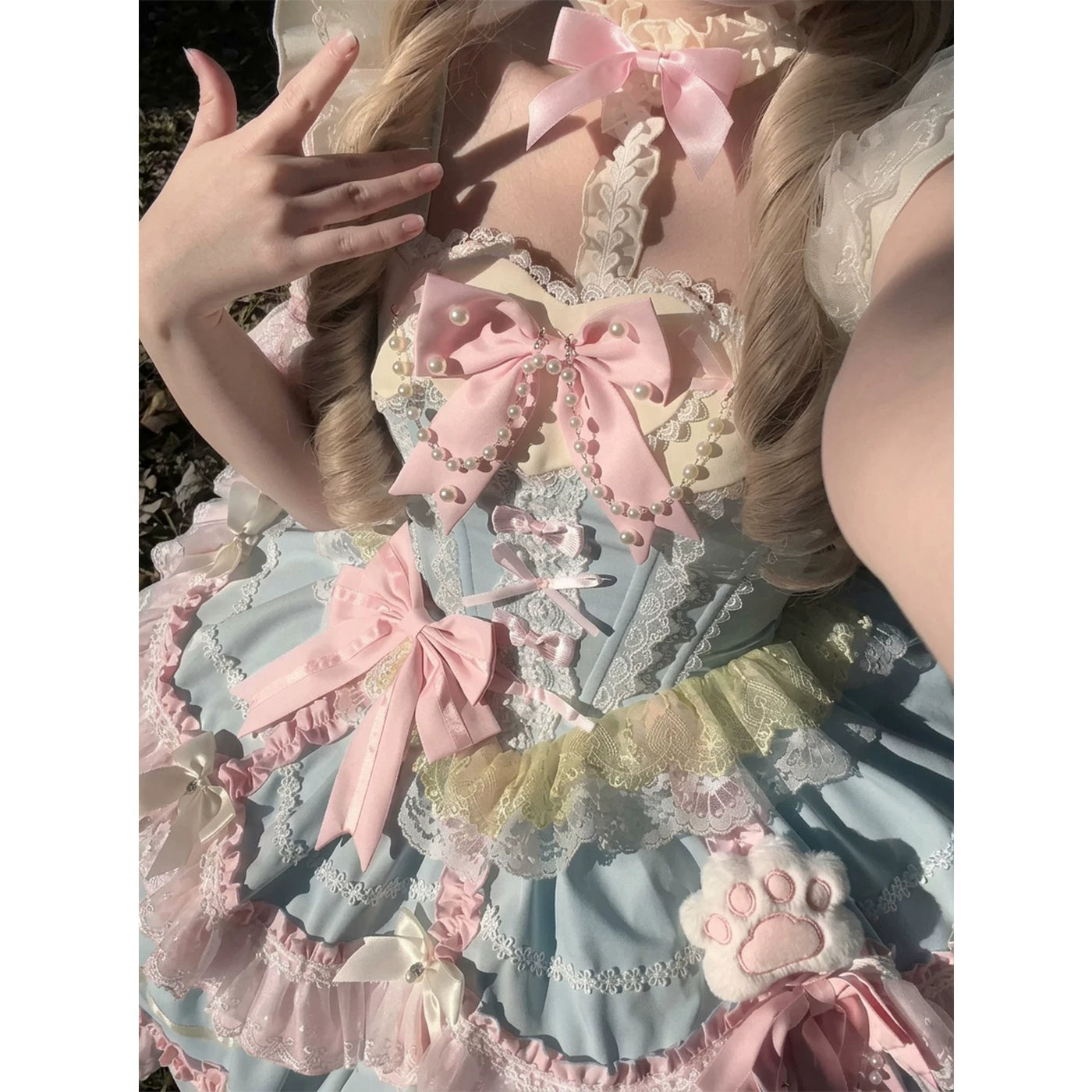 Creamy - Candy Palette - Blue-and-Pink Lolita Dress Set with Lace Trim