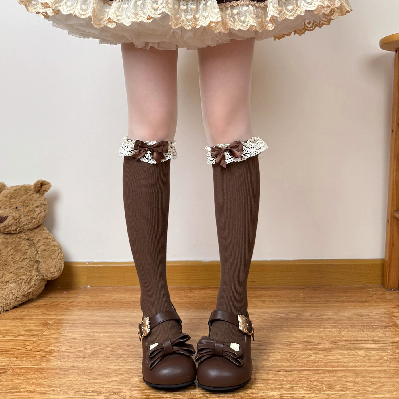 Chubby Bear Tales - Caramel Cocoa - Calf and Mid-Calf Socks with Lace Cuffs