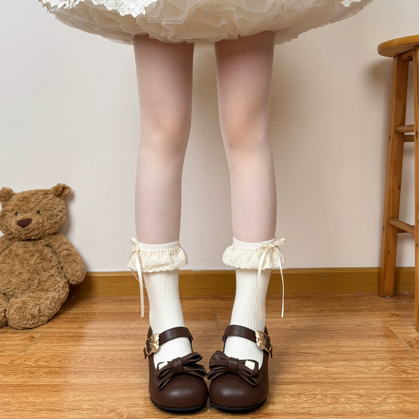 Chubby Bear Tales - Autumn Lace Collection - Wool Mid Calf Socks with Lace and Bow Options