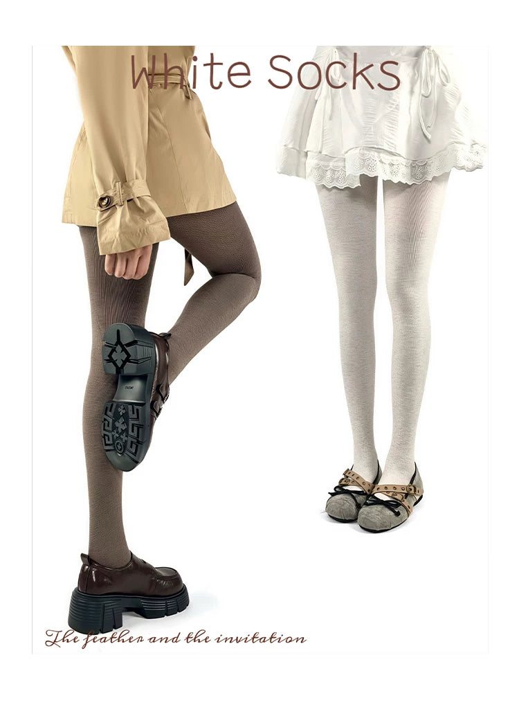 White Socks - Vertical Stripe - Tights with Fine Vertical Texture