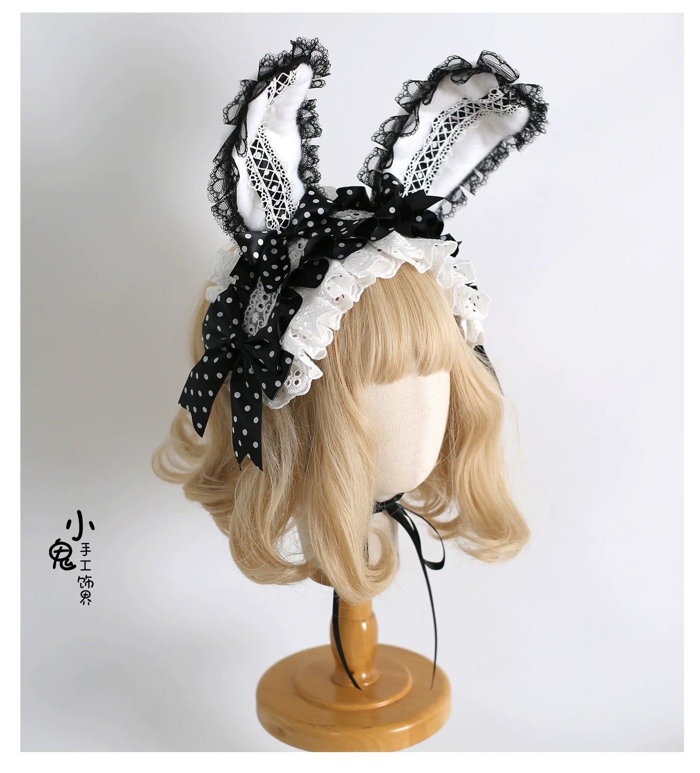 Xiaogui - Sweet Lolita Polka Dot Lace Hairband - Shapeable Bunny Ears Headwear