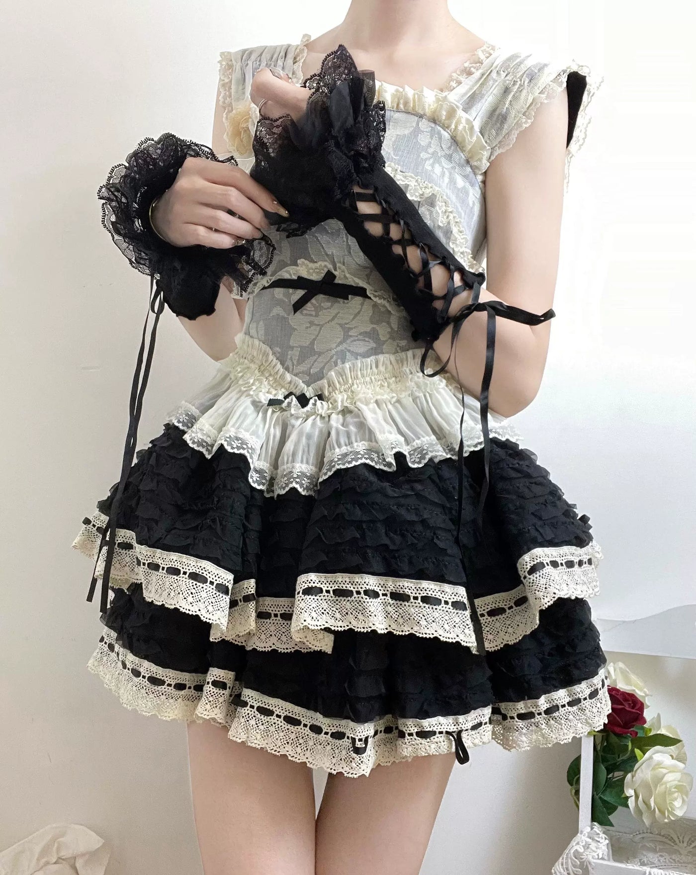 Fantasy Doll - Ribbon Lace-Up - Lace-Trimmed Arm Sleeves with Ribbon Ties