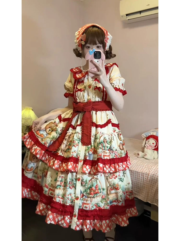 Dream Bunny - December Strawberry Field - Strawberry-Print One-Piece Dress with Red Gingham Ruffles