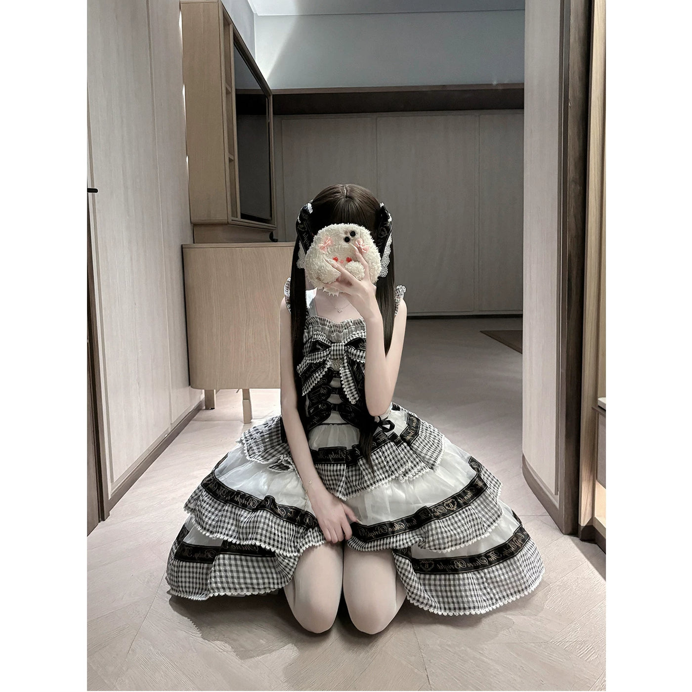 Creamy - Gingham Ribbon Noir - Black-and-white check OP dress with tiered ruffles