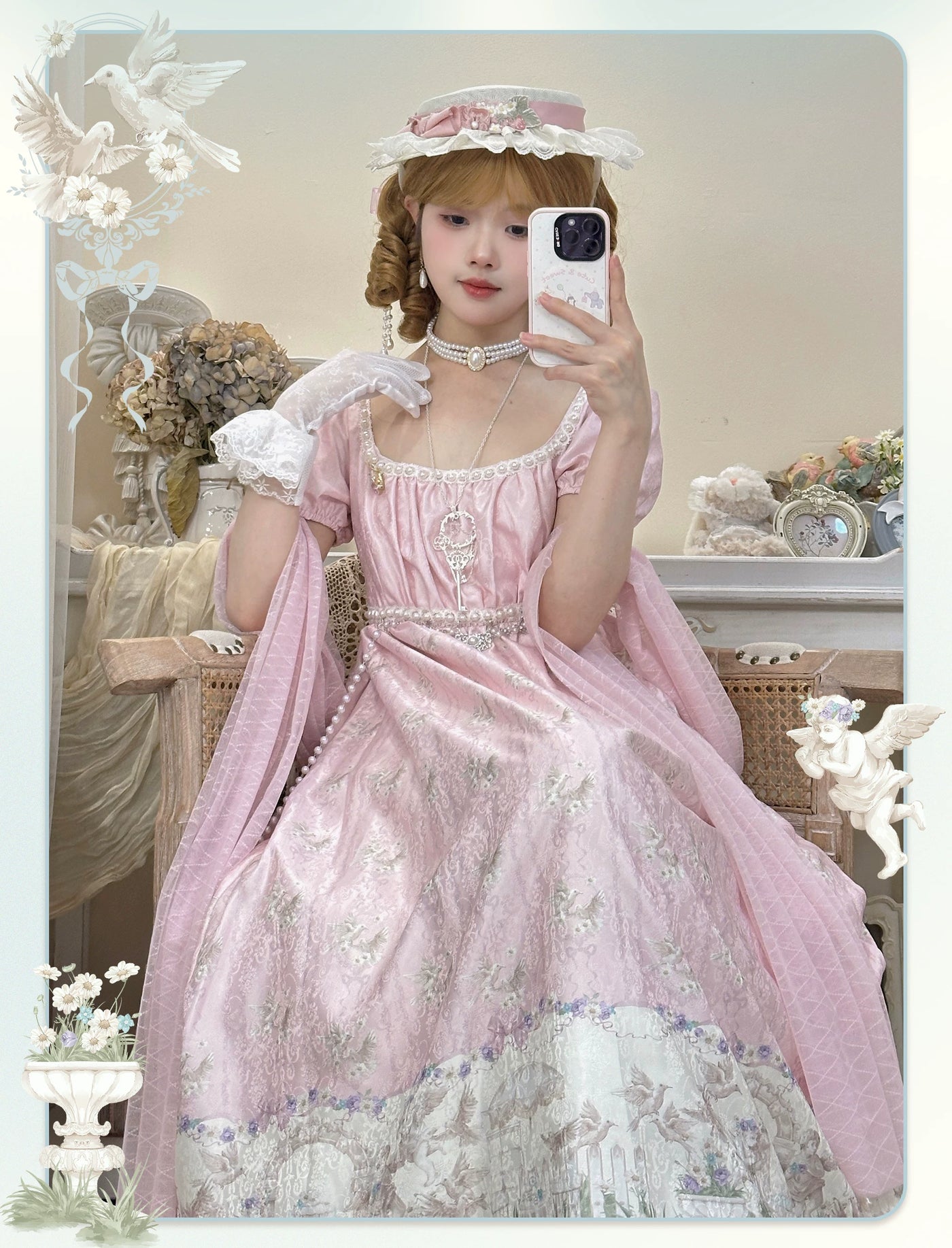 Cat Upon Cat - Angel Garden - Empire-Waist One-Piece Dress with a Garden Scene Hem