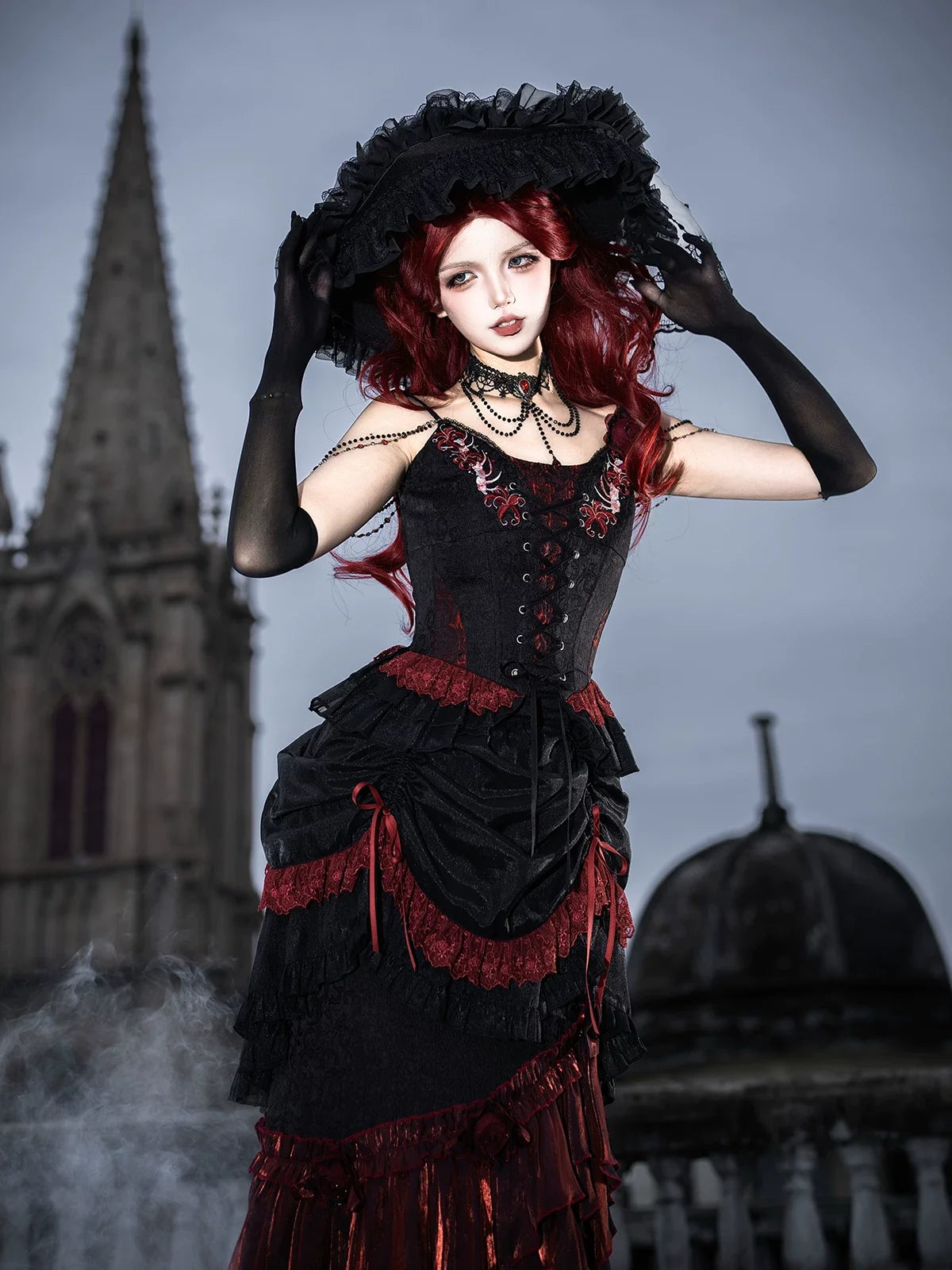 Your Princess - Bone Rot Bloom - Gothic Lolita Embroidered Camisole & Drawstring Lift-up Hem Skirt