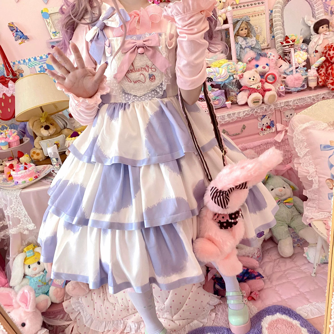 Tata Long Ear - Milk Cake Cow Print - Cow-Print JSK Dress with Three-Section Skirt