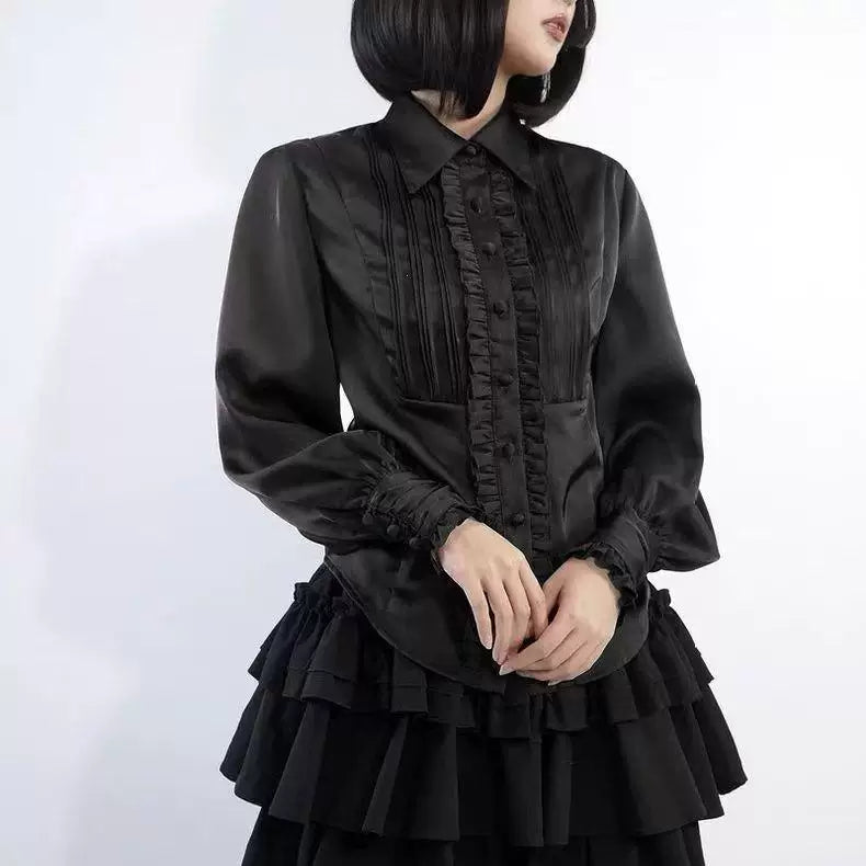 Sweetheart Dream Machine - Ruffle Pintuck - Long-Sleeve Blouse with Pintuck Pleats and Ruffle Trim