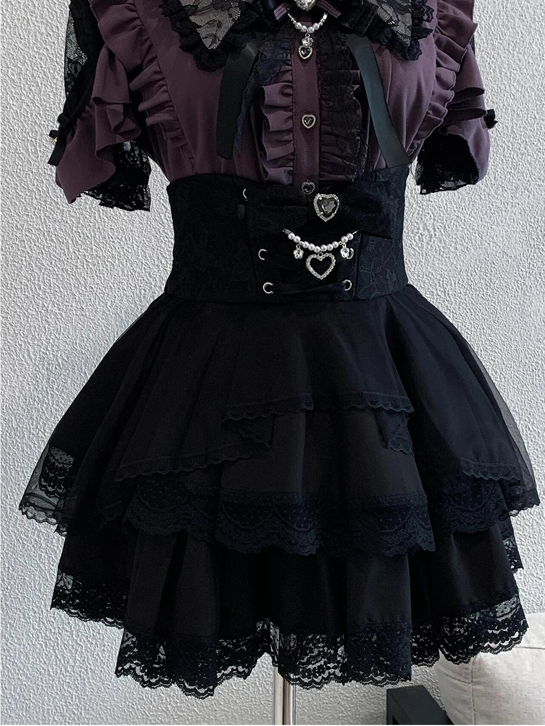 Creamy - Purple Noir - Blouse and Skirt Set with a Lace Collar