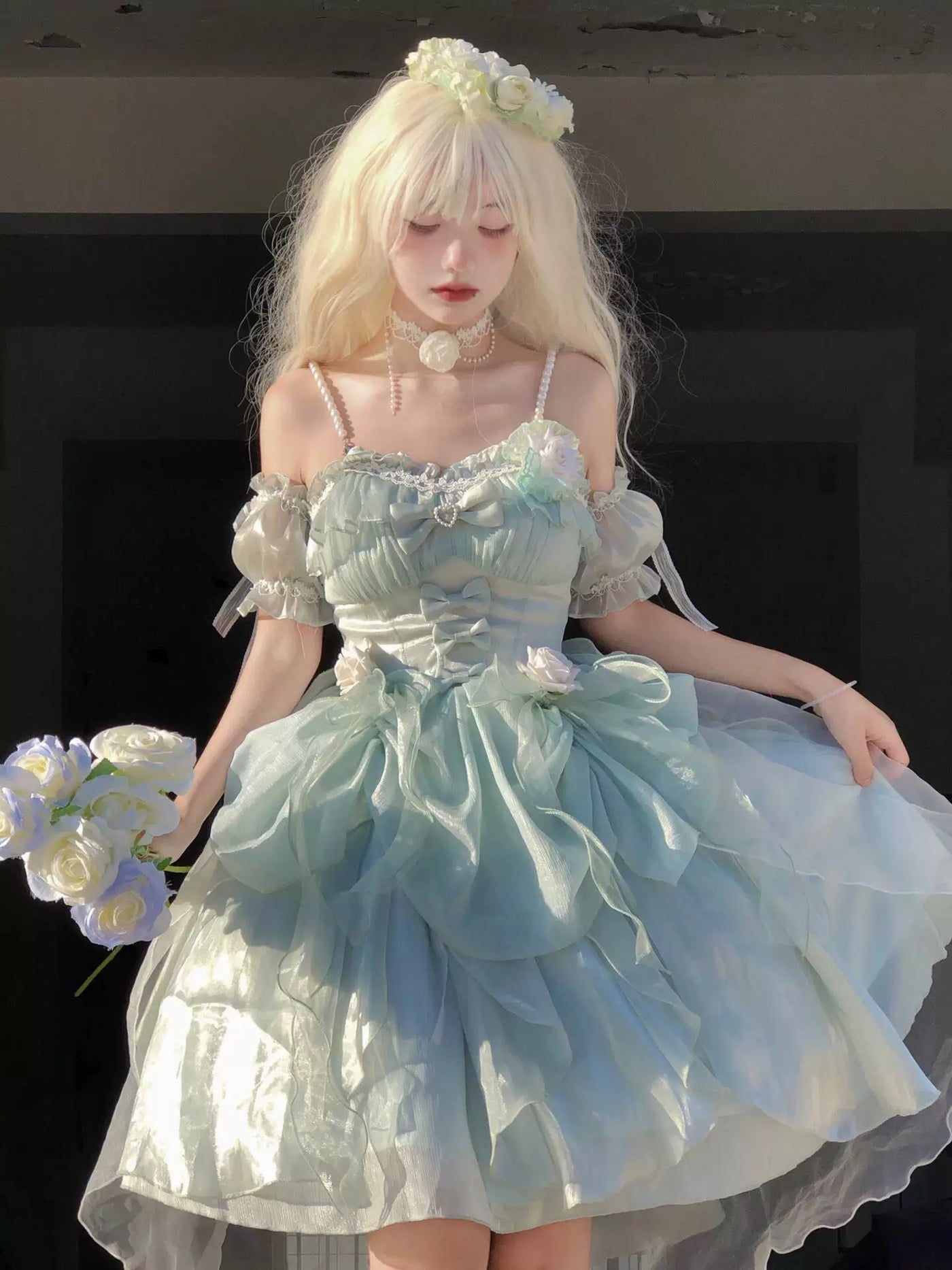 Creamy - Mint Garden Romance - Green JSK with Layered Ruffles and Floral Appliqués