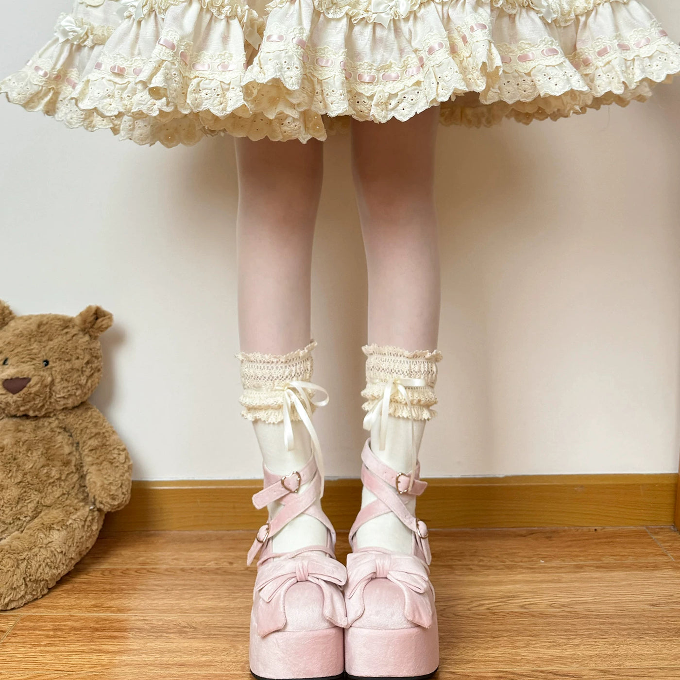 Chubby Bear Tales - Vintage Doll - Lace-Trim Socks with Ribbon Ties in Three Lengths