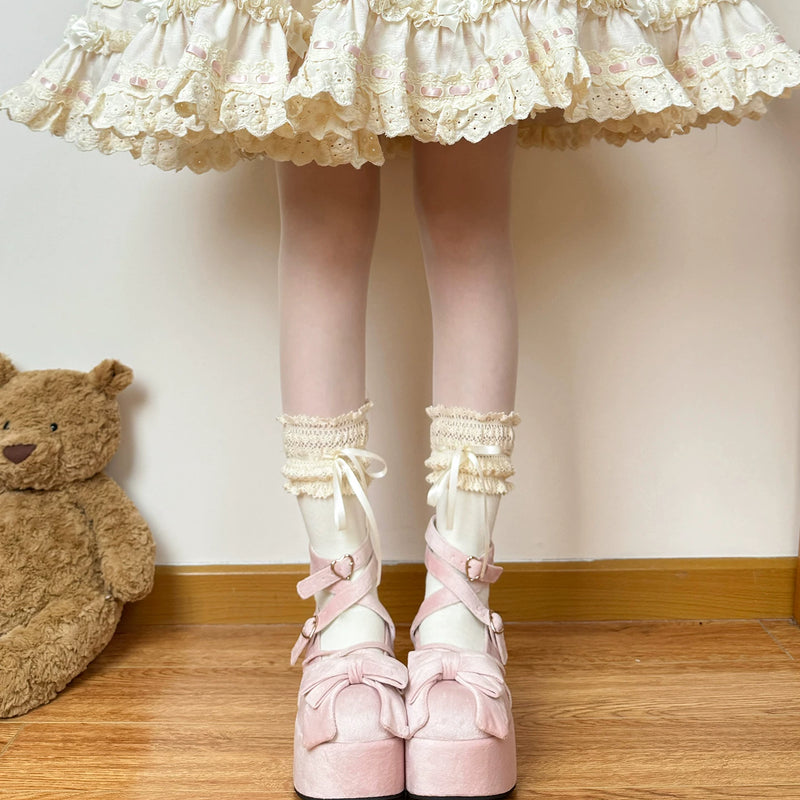Chubby Bear Tales - Vintage Doll - Lace-Trim Socks with Ribbon Ties in Three Lengths