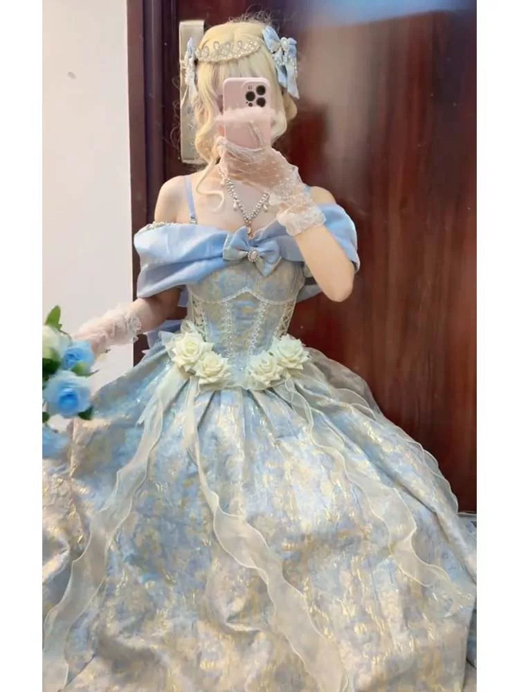 Flora Muse - Romantic Lolita Ballgown - Blue off-shoulder one-piece