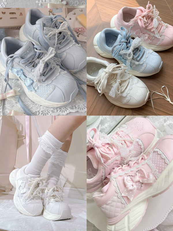 Sheep Puff Heart Bow Lo-Run Lolita Sneakers with cute heart and bow details, featuring colorful, playful shoe design.