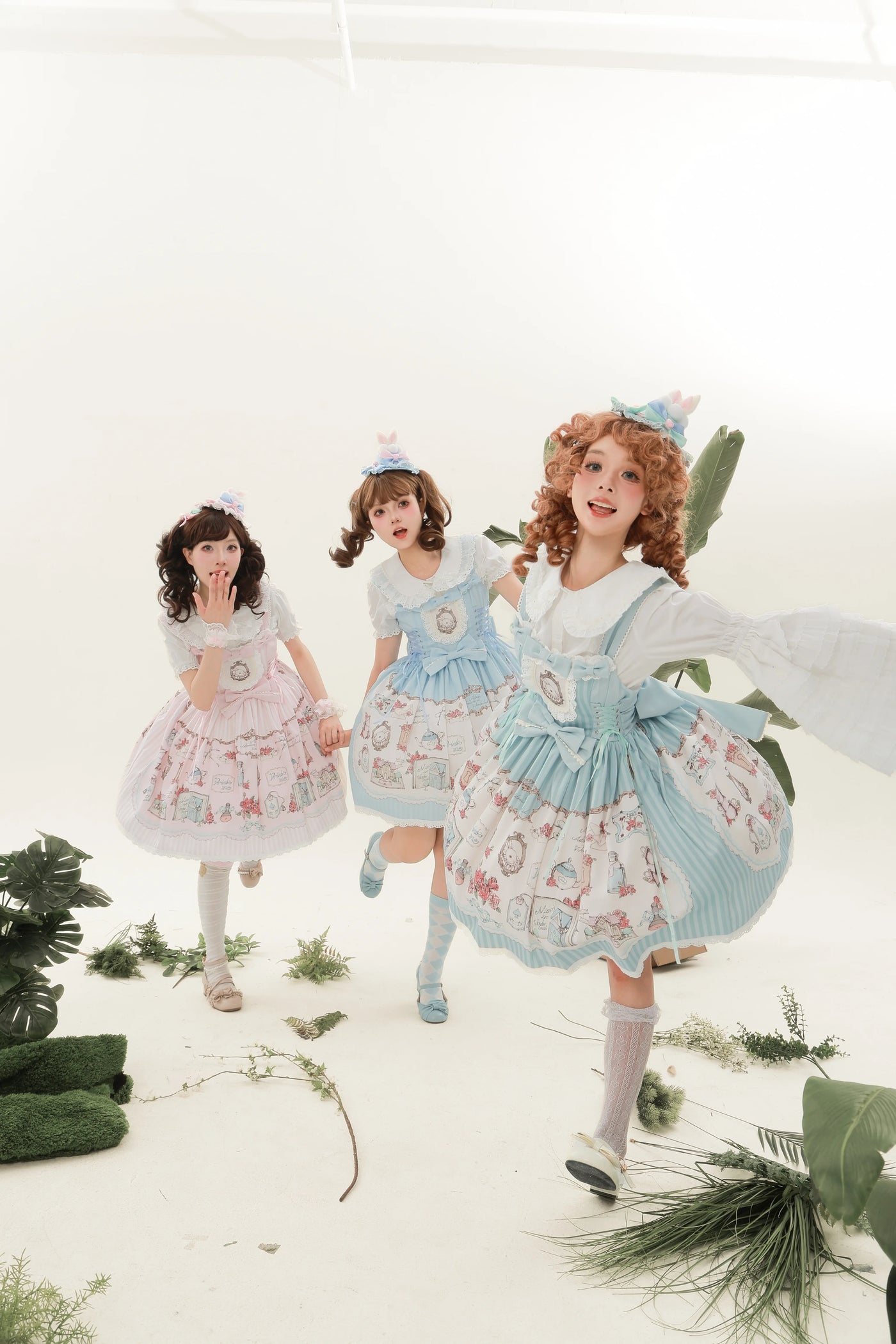 Cat Upon Cat - Rabbit's Collection Box - Rabbit-Print JSK Dress with Lace Bib