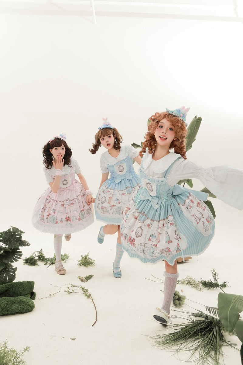 Cat Upon Cat - Rabbit's Collection Box - Rabbit-Print JSK Dress with Lace Bib