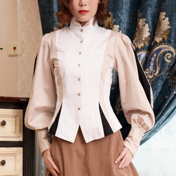 LACE GARDEN cotton blouse with a pointed stand collar, contrast panels and shaped sleeves