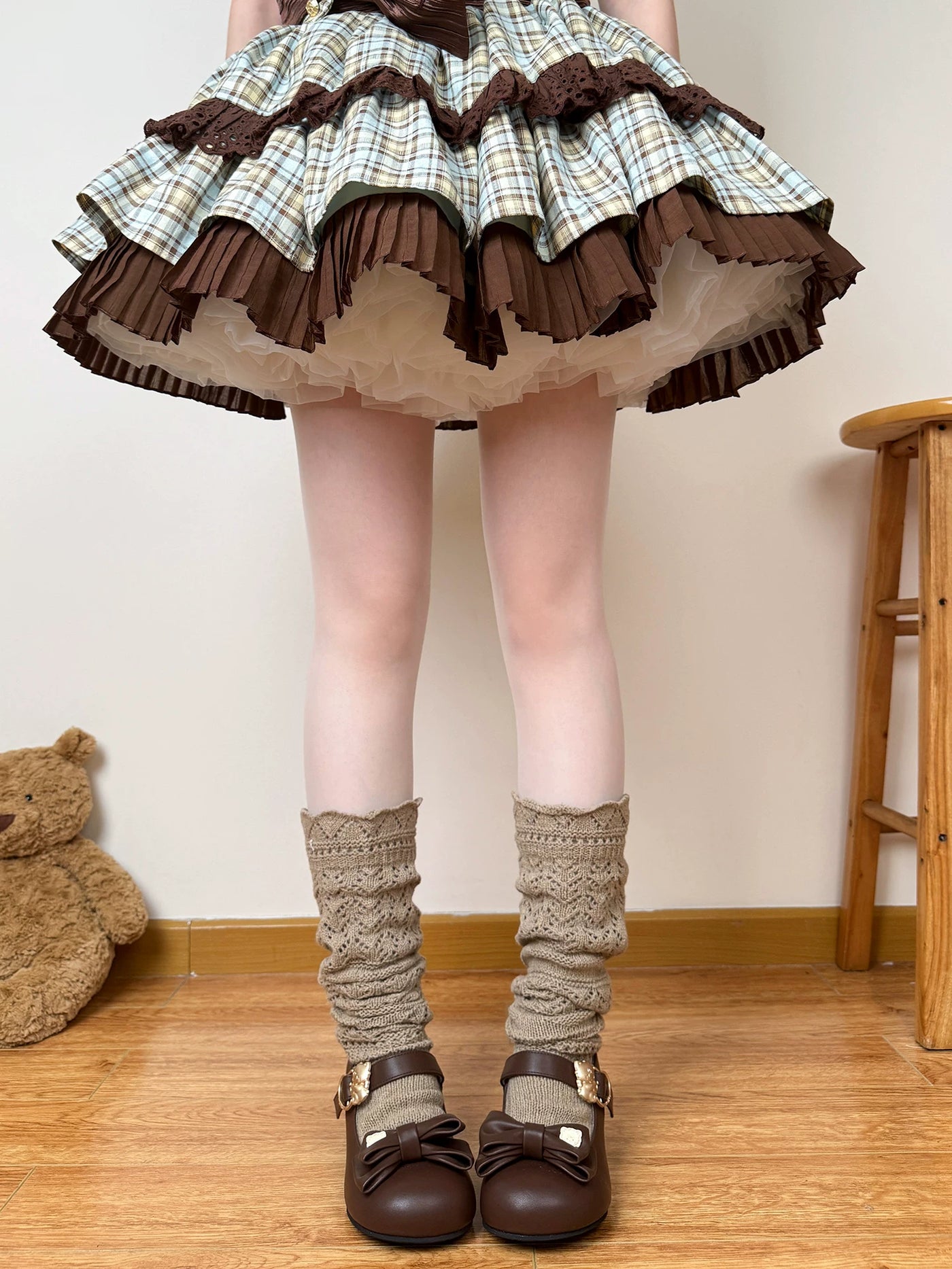 Chubby Bear Tales - Caramel Cocoa - Scrunched Calf Socks with Openwork Knit Texture