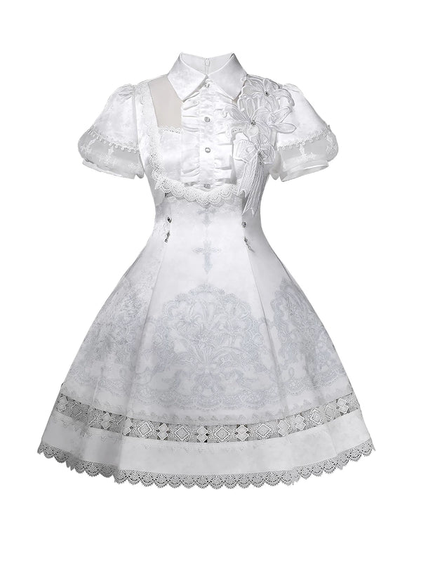 Model wearing a white classic Lolita one-piece dress with lily lace details and a softly flared skirt.