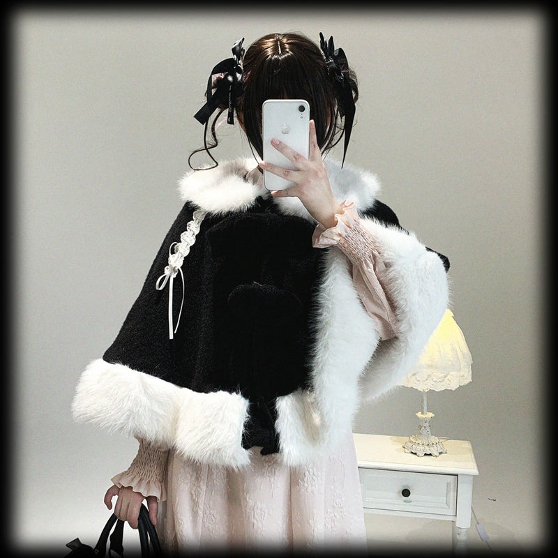 KittyBxllet Snow Bunny Bow Drawstring Plush Cape — additional product view