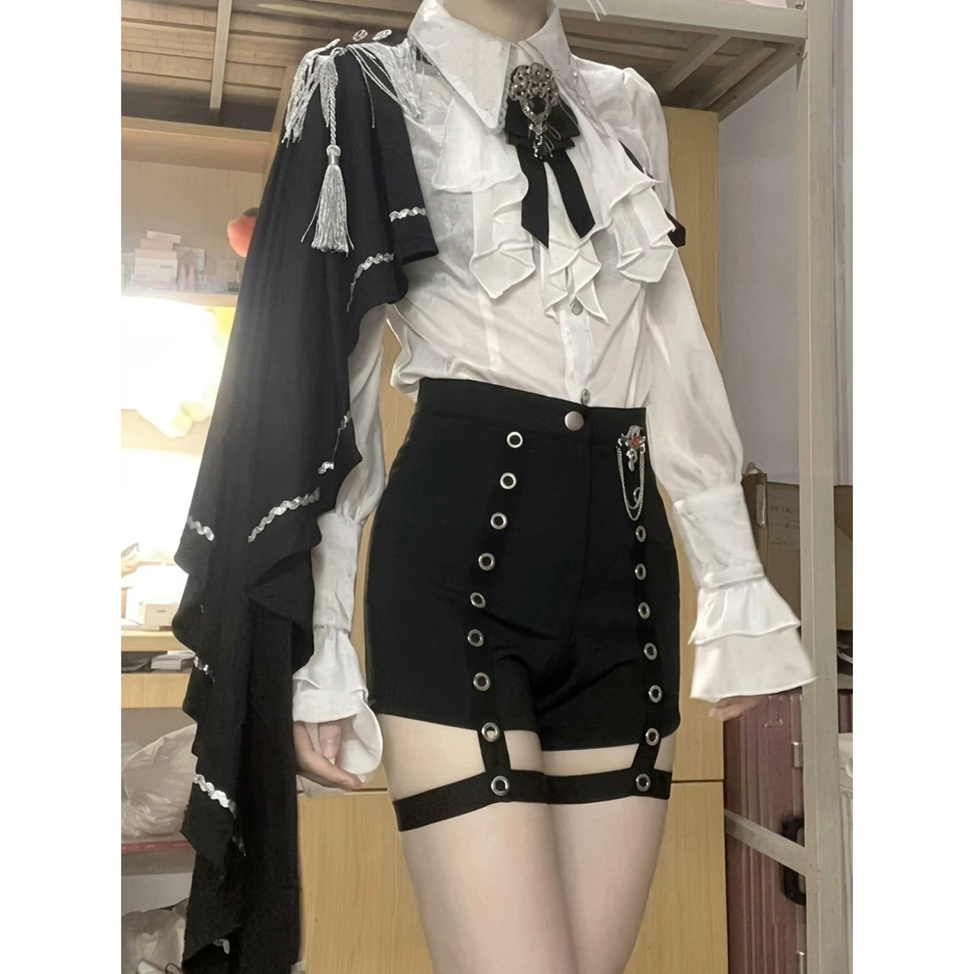 Creamy - Prince Gothic - Ruffled Blouse, Shoulder Shawl and Shorts Set