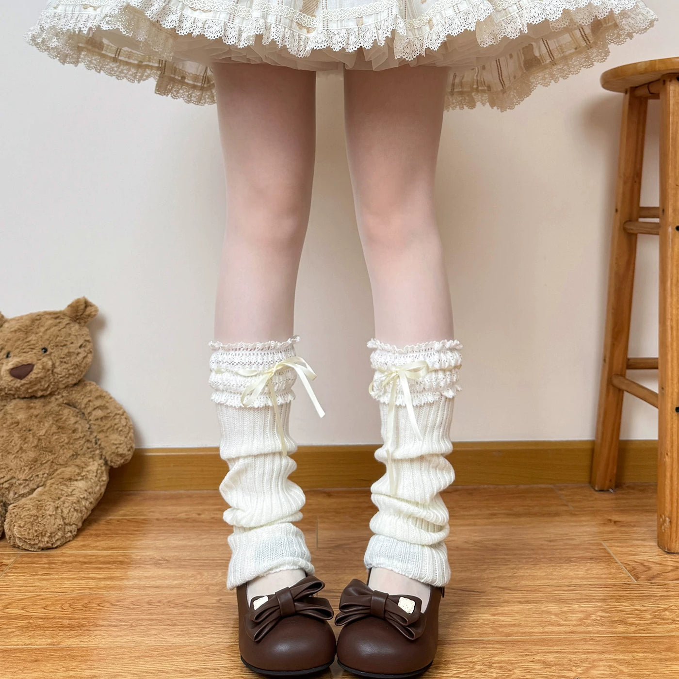 Chubby Bear Tales - Ribbon Scrunch Layers - Knit Leg Warmers with Lace Cuffs and Ribbon Ties