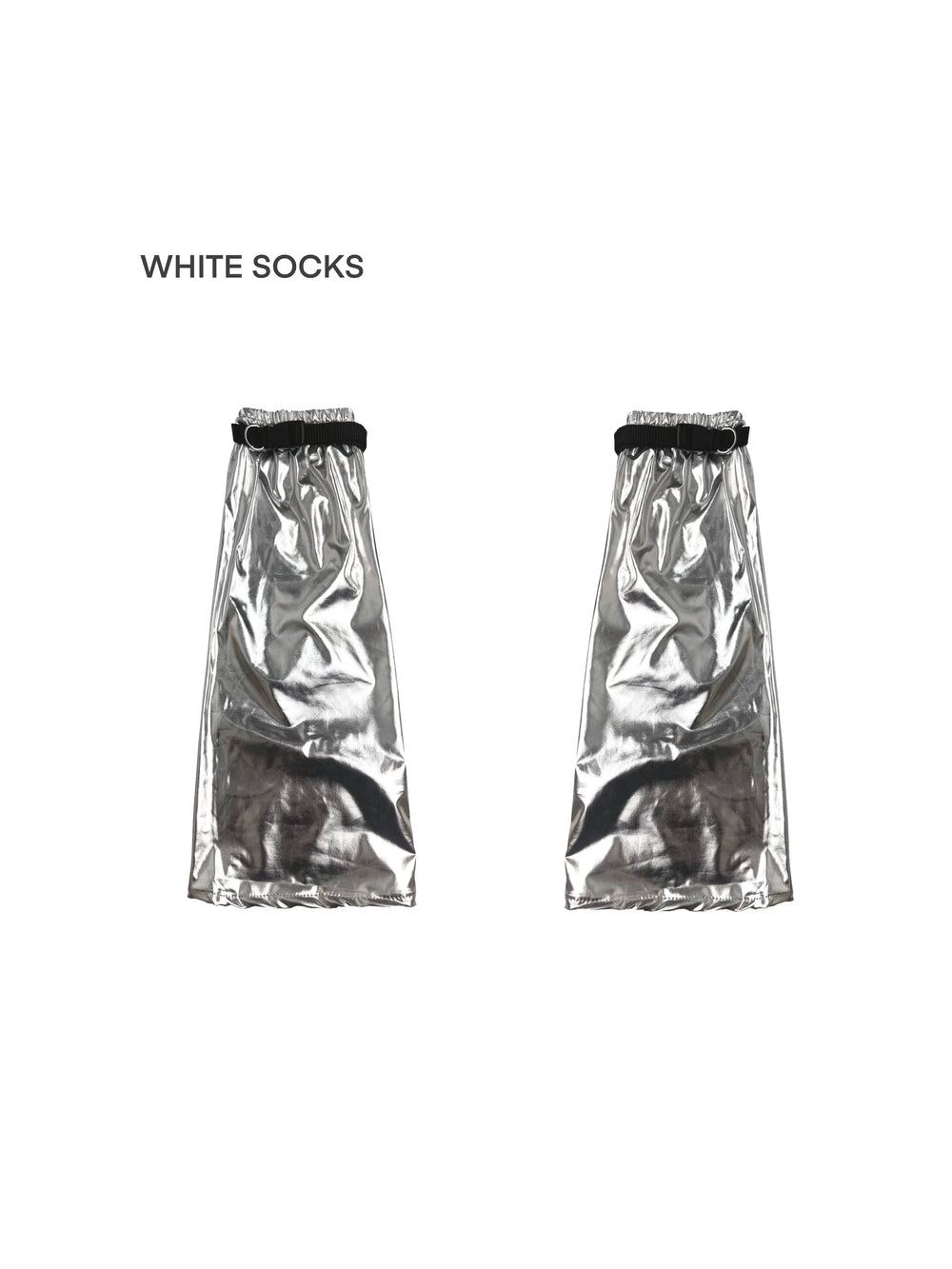 Metallic silver over-the-knee leg cover with elastic black cuff, crisscrossing silver straps, and ruched pointed toe section, displayed on white background.