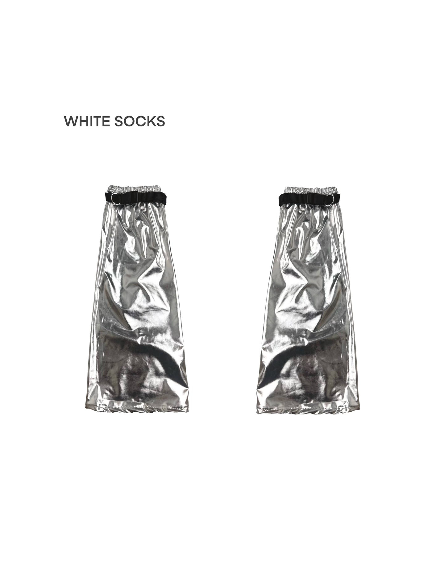 Metallic silver over-the-knee leg cover with elastic black cuff, crisscrossing silver straps, and ruched pointed toe section, displayed on white background.