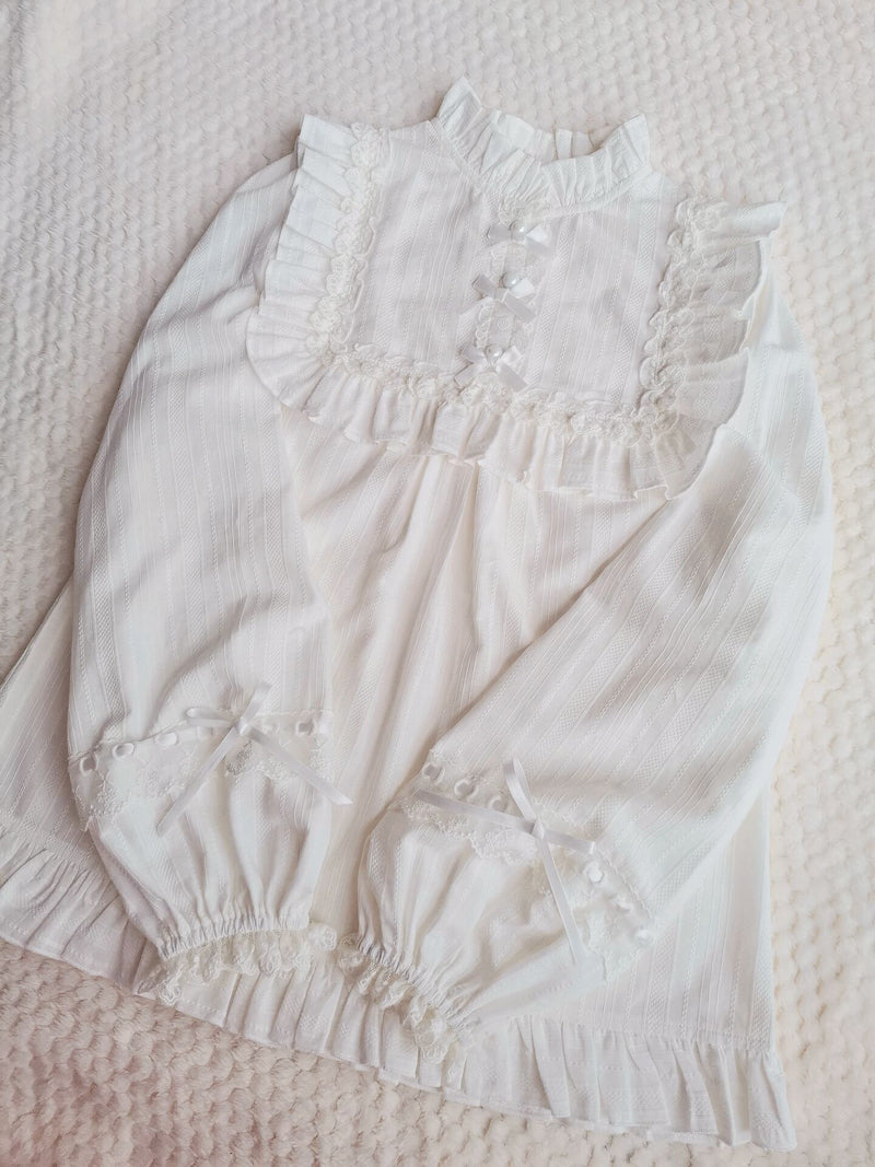 Yilia - Cotton Lolita Lace Long Sleeve - White Blouse Innerwear