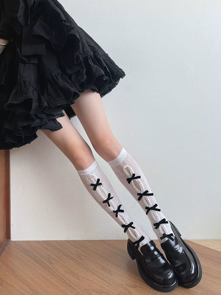 Sock Noble - Gothic Bow Lace - Mid-Calf Slouch Socks with Openwork Lace