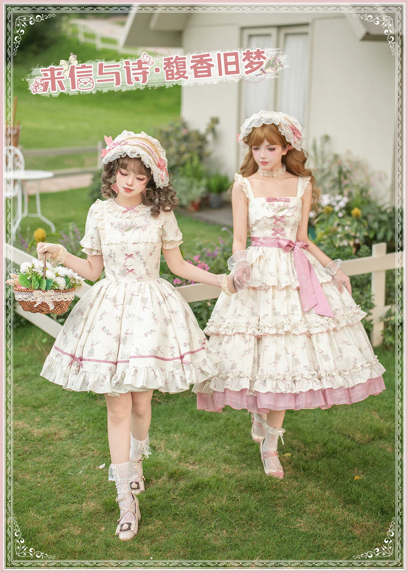 With PUJI - Fragrant Reminiscence - Classic Lolita Embroidered Collar Dress, Bellflower Print detail view 6
