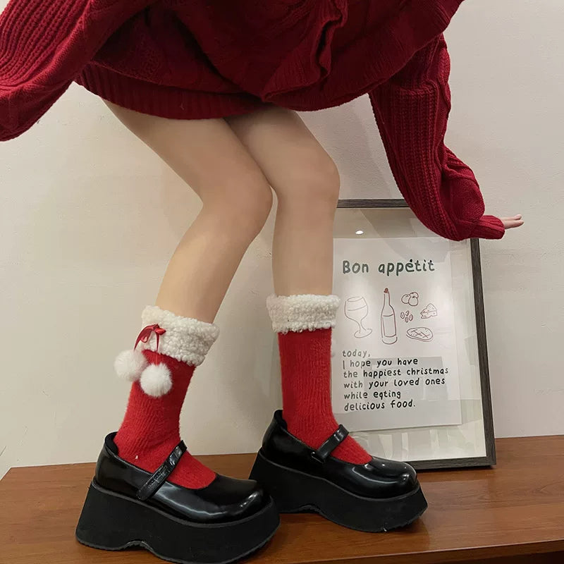 Sock Noble - Christmas Ribbon Slouch - Long Mid-Calf Socks with Fuzzy Cuffs